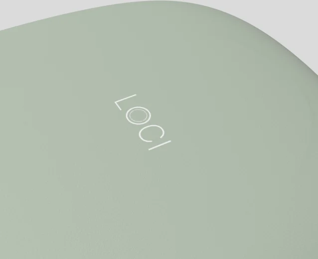 Close-up of the Loci logo on the scanner shell